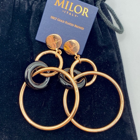 🆕 18kt Rose Gold Earrings Bronzallure & Onyx 3” Dangly Circle Hoop, MILOR ITALY - Picture 10 of 13